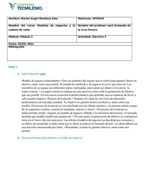 Actividad 3 Modelo De Negocios Y La Cadena De Valor Nombre Martin
