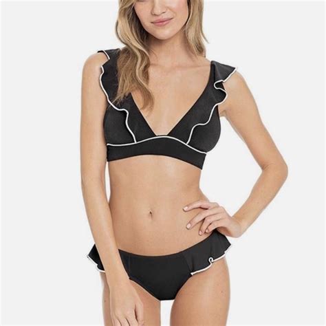 Robin Piccone Black And White Ruffle Bikini Set Depop