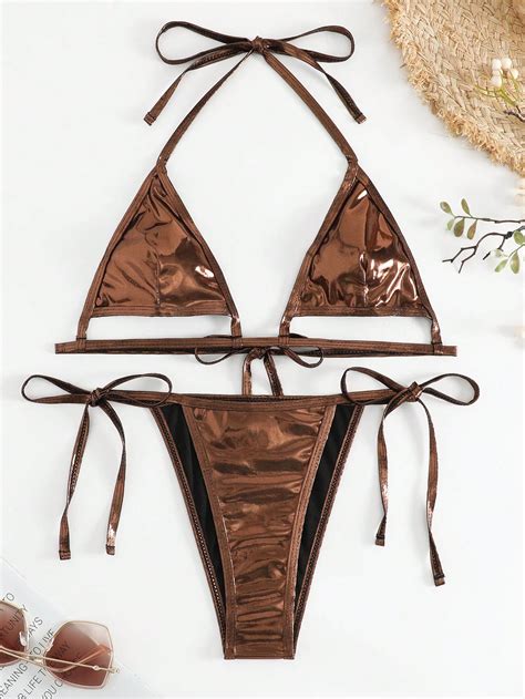 SHEIN Swim SXY Bikini Métallique Triangulaire À Nœud Mode en ligne