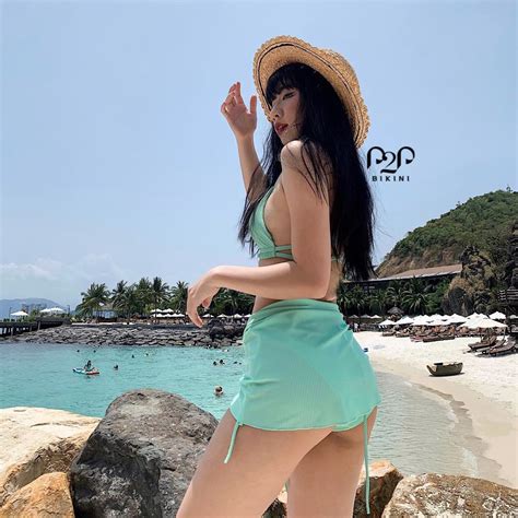Đồ bơi Nữ mảnh mút tam giác quần cột dây basic khăn cột màu xanh n P P Bikini Thương