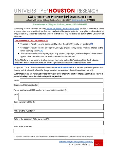 Fillable Online COI INTELLECTUAL PROPERTY IP DISCLOSURE FORM Fax