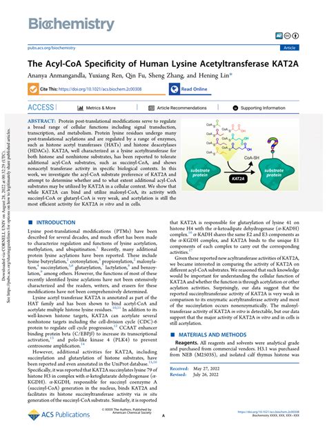 Pdf The Acyl Coa Specificity Of Human Lysine Acetyltransferase Kat A