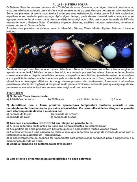 Atividades Sobre O Universo 5 Ano - Atividades sobre o Sistema Solar 6º Ano | PDF | Sistema Solar | Terra