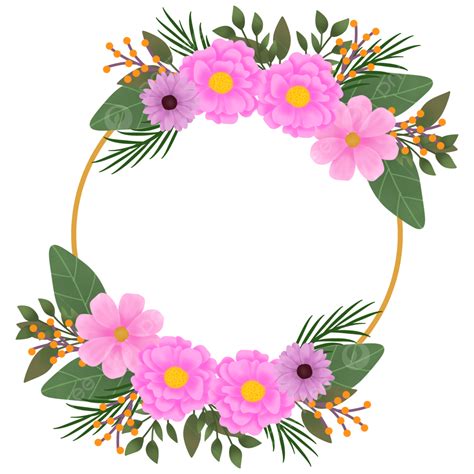 Golden Circle Frame With Pink Wreath Flower Flower Leaf Frame PNG