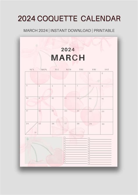 Printable Monthly Planner Coquette Calendar March 2024 Printable