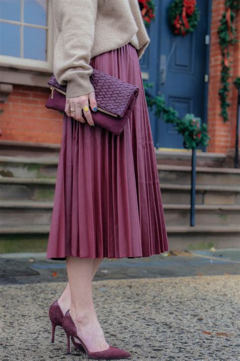 Cashmere Sweater Pleat Leather Skirt Nude Tights Suede Heels