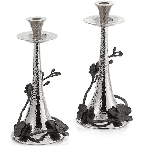 Michael Aram Judaica Modern Classic Black Orchid Nickelplate Candleholders Set Of 2