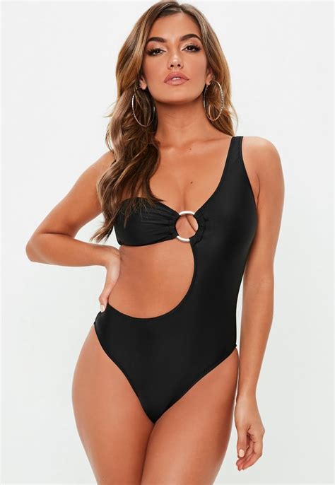 Missguided Black One Shoulder Ring Front Cut Out Swimsuit Gal Gadot