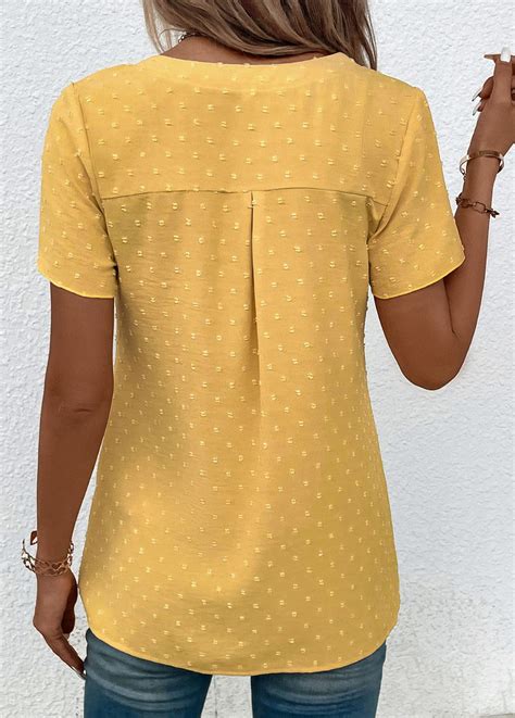 ROTITA Jacquard Light Yellow V Neck Short Sleeve Blouse Rotita