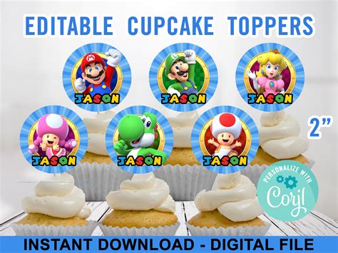 Super Mario Bros Cupcake Toppers Mario And Luigi Editable Personalizado 6