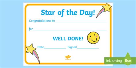 👉 Star of the Day Award Certificate (Teacher-Made)