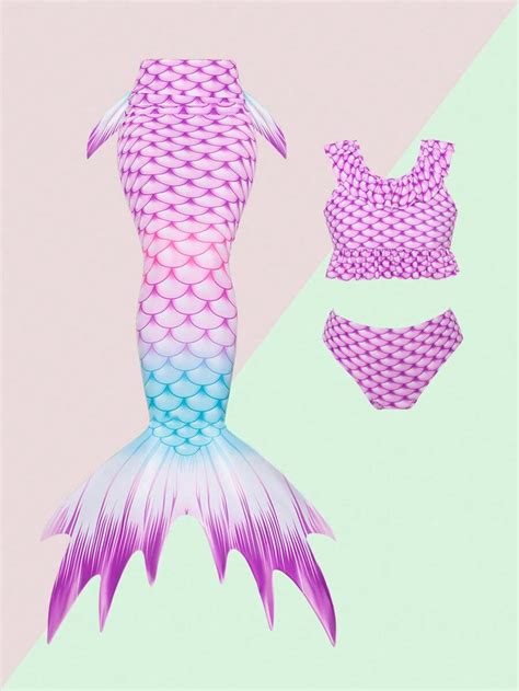 Conjunto de bikini de 3 piezas con diseño de cola de sirena de escala de pez para niña