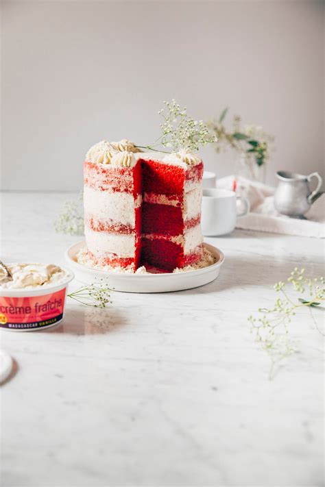 a naked red velvet cake with crème fraîche frosting for a blog birthday Hummingbird High