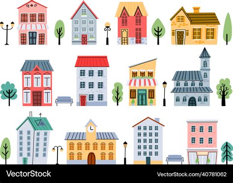 Cartoon Town Street Buildings Houses Shops Vector Image