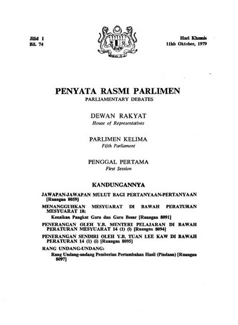 Pdf Penyata Rasmi Parlimen Jilid I Bil Hari Khamis Llhb Oktober