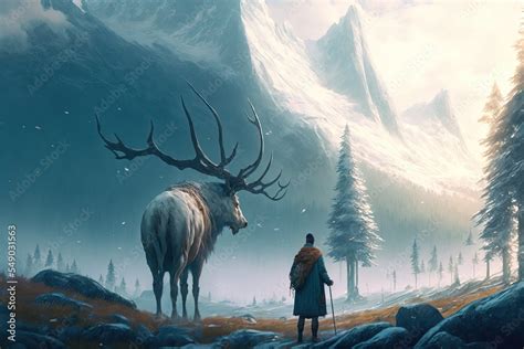 Hunter tracking Giant elk. Fantasy scenery. concept art. winter landscape Stock Illustration ...