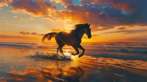 Premium Photo | A horse runs on the beach at sunset