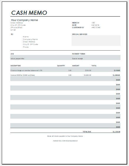 Cash Memo, Receipts and Invoice Templates | Excel Templates