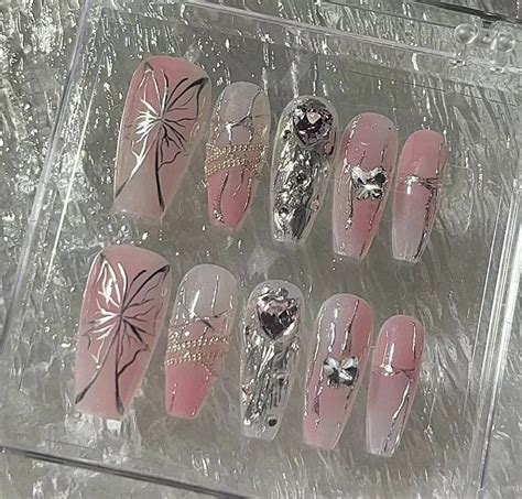 Y2k Style Nail｜mental Silver Butterfly Press On Nail｜light Pink