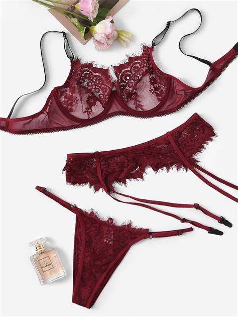 Eyelash Lace Underwire Garter Lingerie Set Check Out This Eyelash Lace