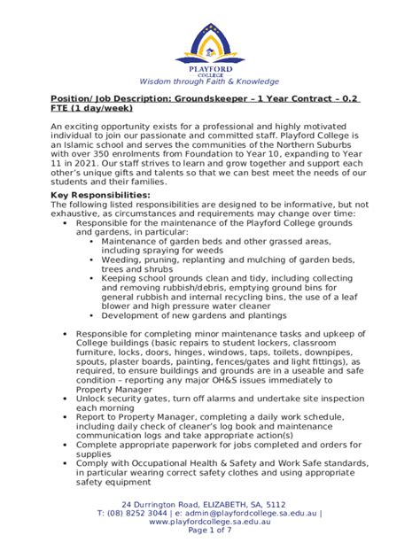 Groundskeeper Job Description Template Doc Template | pdfFiller