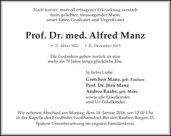 Kondolenzbuch Von Prof Dr Med Alfred Manz Sh Z Trauer