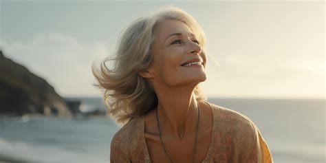 Premium Photo Smiling Mature Woman At The Beach Natural Lifestyle Enjoying The Sunny Weather