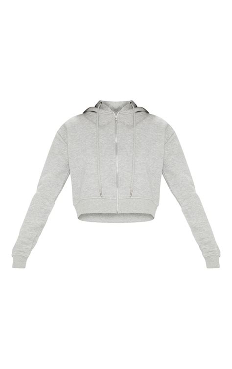 Grey Cropped Zip Front Hoodies Tops Prettylittlething Usa