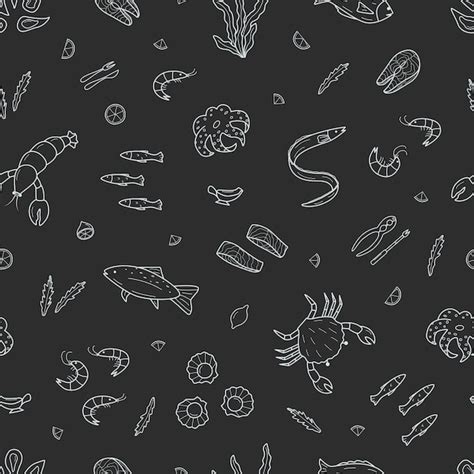 Premium Vector Seamless Pattern Seafood Set Of Doodle Icons Vector