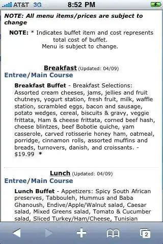 Menu at Tusker House restaurant, Bay Lake, Disney's Animal Kingdom Theme Park