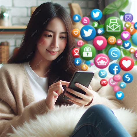 Premium Photo | Woman watching mobile social media icons floating around