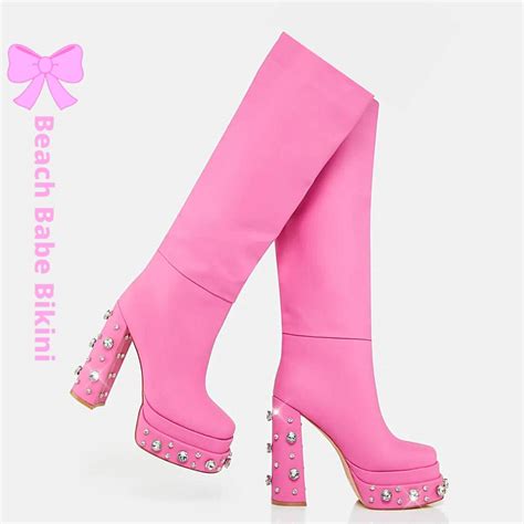 Diamonique Sole Knee High Boots Pink Beach Babe Bikini