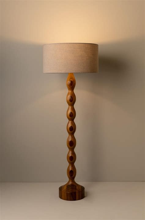 Organic Modern Floor Lamp Turned Parota Wood Fiberglass Shade For Sale