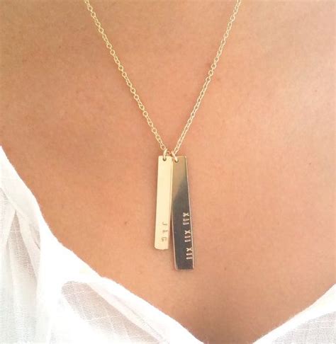 Double Nameplate Necklace Gold Vertical Bar Necklace Name Etsy