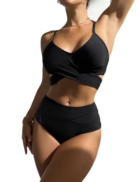 Solid Color Cross Lace Up Swimwear Women S Two Piece Swimsuit Cut Out Sexy Bikini Shoulder Strap