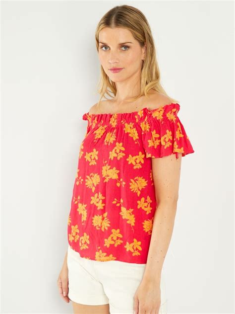 Blouse Fleurie Encolure Bardot Rose Orange Kiabi