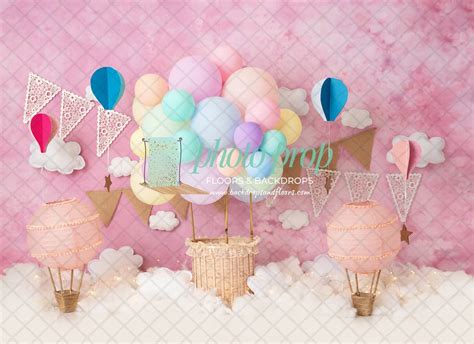 Hot Air Balloon Photography Backdrop Pastel Sky Clouds Theme Girl