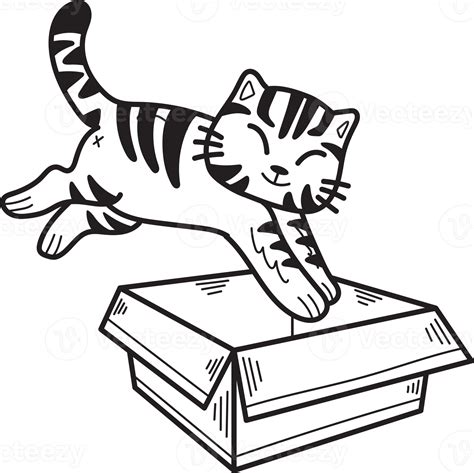 Hand Drawn Striped Cat Jumped Into The Box Illustration In Doodle Style