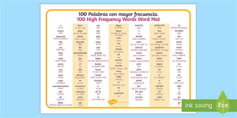 Common Spanish Words High Frequency Words Word Mat