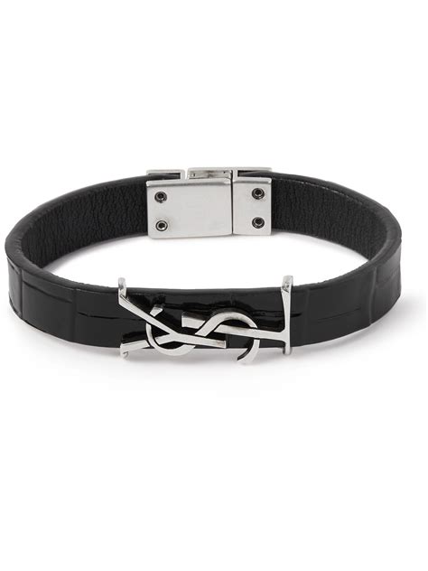 Saint Laurent Cassandre Croc Effect Leather And Silver Tone Bracelet In