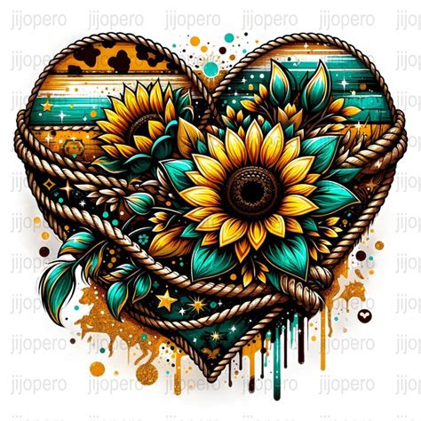 Digital Sunflower Heart Art PNG Boho Floral Heart Illustration Rustic