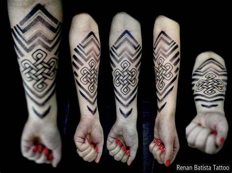 Celtic style black ink forearm tattoo of big knot with ornaments ...