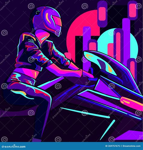 Conceptual Art of a Neon Woman Biker Riding on a City. Stock Vector ...