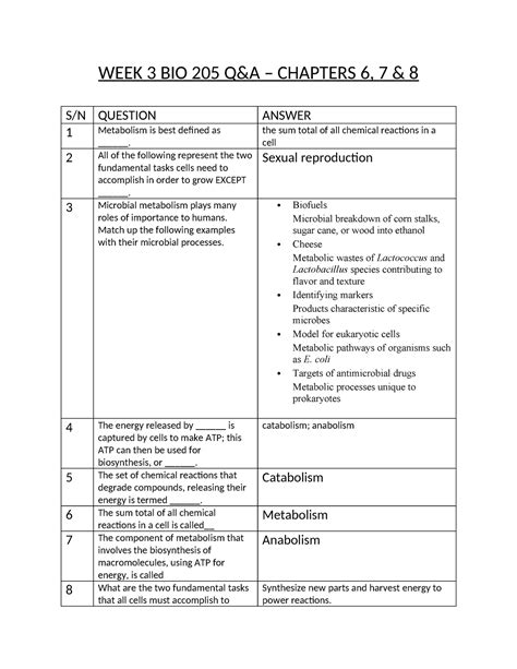 WEEK 3 BIO 205 Q A Quiz Questions For Week 3 Homework WEEK 3 BIO