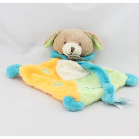 Doudou plat chien vert jaune bleu super tétine BABY NAT