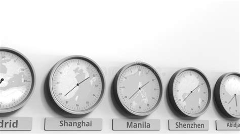 Round Clock Showing Manila, Philippines Time within World Time Zones. Conceptual 3D Animation ...