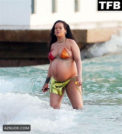 Rihanna Sexy Seen Showing Off Her Tits In A Bikini Top At The Beach In Barbados AZNude