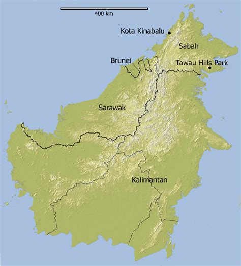 Map Of Borneo Showing Malaysian State Of Sabah And Tawau Hills Park