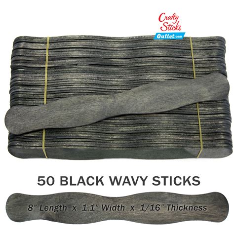 50 Black 8 Inch Wavy Wood Fan Handle Craft Sticks-WAVY-BLACK