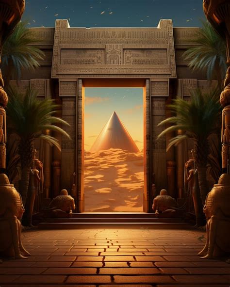 Premium Photo | Doorway to a desert temple with a pyramid in the ...